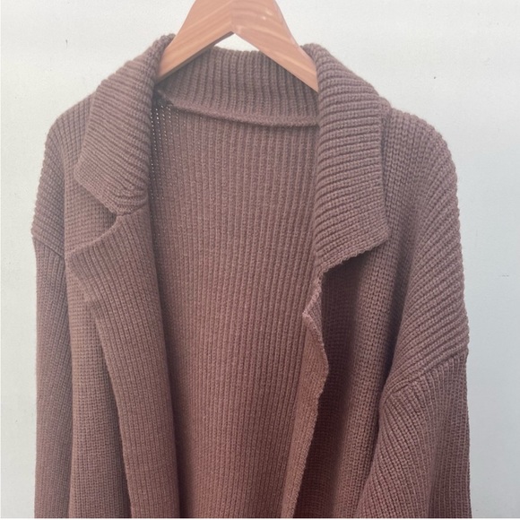 Chunky Below Knee Rib Belt Pocket Brown Cardigan Coat Maxi duster long sweater - Picture 7 of 10